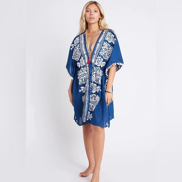 NEW Debbie Katz Malina Kimono Beach Swim Cover up Embroidered Navy Blue Large - Picture 3 of 5